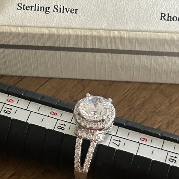 DIAMONIQUE Rhodium Plated Sterling Silver Halo Solitaire RING 7 and EARRINGS Set